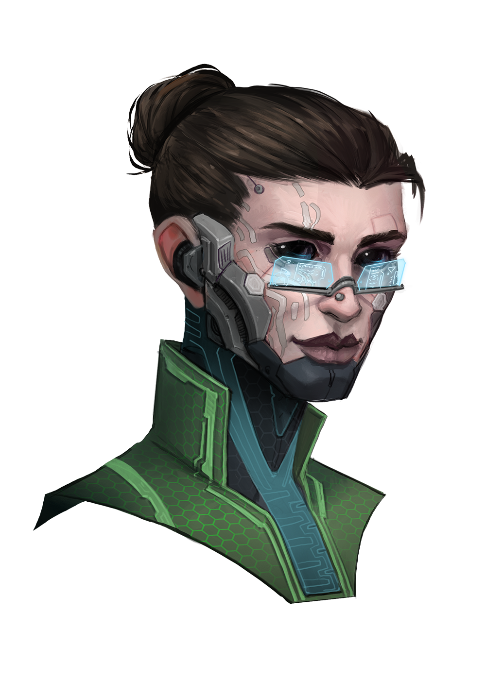 A female verthani wearing glasses with her brown hair pulled into a bun and adorned with cybernetic augmentations. She resembles other verthani, with eyes of pure black orbs and pale skin covered in silver patterns